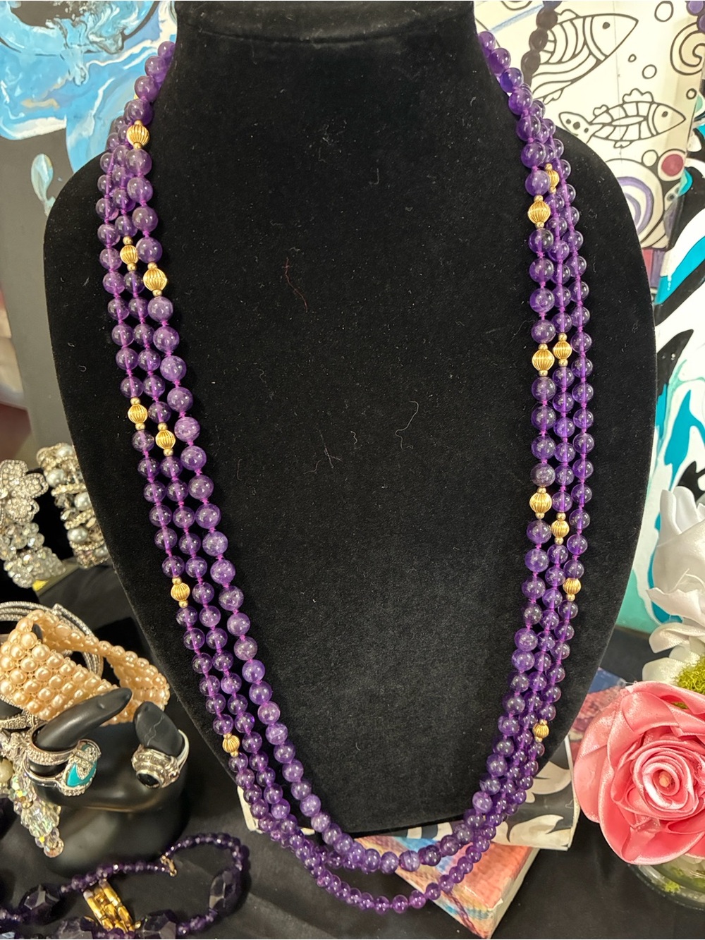 VINTAGE, NOS V 3- stands Natural Amethyst Necklace - accepting offers.